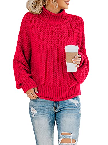 Saodimallsu Damen Pullover Oversize Rollkragen Knitted Sweater Fledermaus Langarm Loser Grobstrick Strickpullover Rot L von Saodimallsu