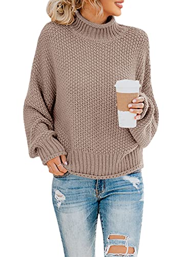 Saodimallsu Damen Pullover Oversize Rollkragen Knitted Sweater Fledermaus Langarm Loser Grobstrick Strickpullover Z Bräunen XXL von Saodimallsu