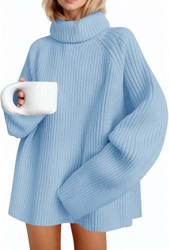 Saodimallsu Damen Rollkragen Pullover Oversized Langarm Strickpullover Feinstrick Einfarbig Winter Casual Elegant Basic Oberteile Pullis Blau XXL von Saodimallsu