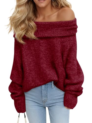 Saodimallsu Damen Pullover Schulterfrei Langarm Strickpullover Lose Grobstrick Jumper Sweater Einfarbig Casual Winter Pulli Weinrot S von Saodimallsu