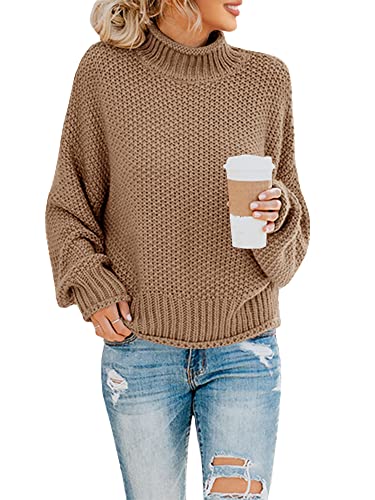 Saodimallsu Damen Rollkragen Oversized Pullover Fledermaus Langarm Lose Grobstrick Pullover Khaki Groß von Saodimallsu