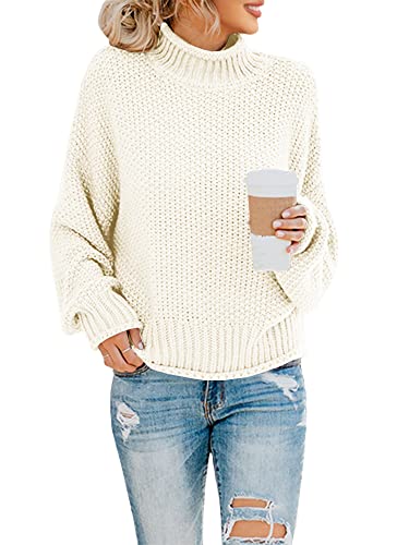 Saodimallsu Female Strickpullover Rollkragen Oversized Pullover Fledermaus Langarm Loser Grobstrick Sweater Beige-Weiß Groß von Saodimallsu