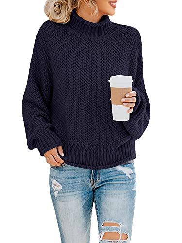 Saodimallsu Damen Rollkragen Oversized Pullover Fledermaus Langarm Sweater Loser Grobstrick Strickpullover (Groß, Navy) von Saodimallsu