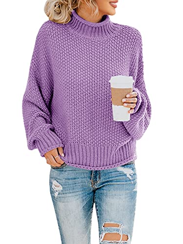 Saodimallsu Damen Rollkragen Oversized Pullover Fledermaus Langarm Pullover Sweatshirt Lose Grobstrick Casual Sweater Lila S von Saodimallsu