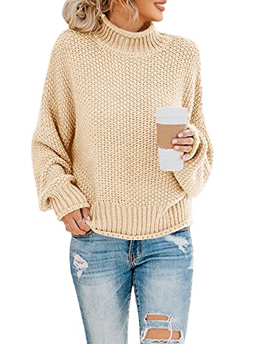 Saodimallsu Damen Rollkragen Oversized Pullover Fledermaus Langarm Pullover Sweatshirt Lose Grobstrick Casual Strickpullover Aprikose M von Saodimallsu