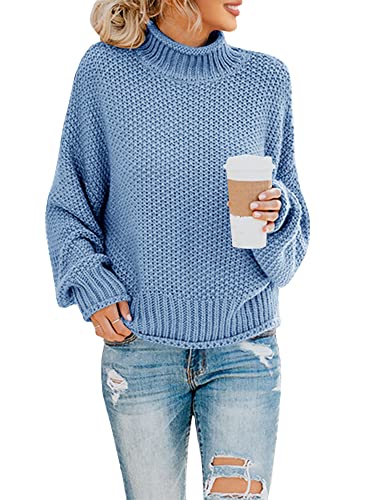 Saodimallsu Damen Rollkragen Oversized Pullover Fledermaus Langarm Pullover Sweatshirt Lose Grobstrick Casual Strickpullover Blau M von Saodimallsu