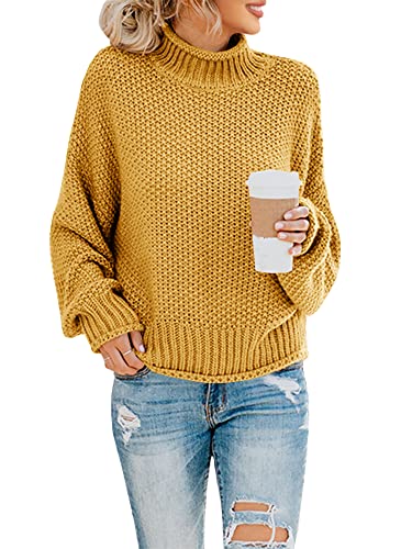 Saodimallsu Damen Rollkragen Oversized Pullover Fledermaus Langarm Pullover Sweatshirt Lose Grobstrick Casual Strickpullover Gelb XL von Saodimallsu