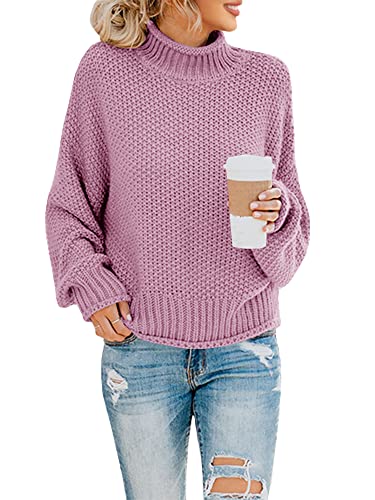 Saodimallsu Damen Rollkragen Oversized Pullover Fledermaus Langarm Sweatshirt Lose Grobstrick Casual Sweater Hellviolett S von Saodimallsu