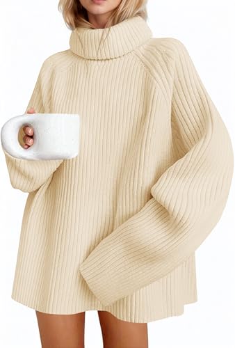Saodimallsu Damen Rollkragen Pullover Oversized Langarm Strickpullover Feinstrick Einfarbig Winter Casual Elegant Basic Oberteile Pullis Beige XL von Saodimallsu