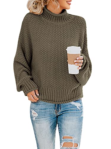 Saodimallsu Damen Rollkragen Übergroße Pullover Fledermaus Langarm Sweater Loser Grobstrick Strickpullover (Klein, Armeegrün) von Saodimallsu