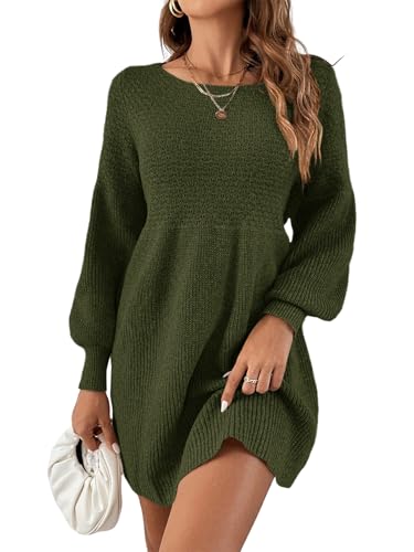 Saodimallsu Damen Rundhals Strickkleid Puffärmel Hoch Tailliert Pulloverkleid Elegant Strickpullover Kleid A-Linie Minikleid Armeegrün L von Saodimallsu