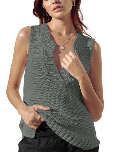 Saodimallsu Damen Sommer Ärmellose Tops V-Ausschnitt Elegant Pullover Tank Top Casual Leichter Strickpullover Grau Klein von Saodimallsu