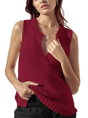 Saodimallsu Damen Sommer Ärmellose Tops V-Ausschnitt Elegant Pullover Tank Top Casual Leichter Strickpullover Rot Klein von Saodimallsu