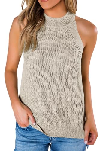 Saodimallsu Damen Sommer Strick Tanktop Ärmellose Rundhals Tank Tops Casual Knit Cami Top Sexy Oberteile, Khaki, M von Saodimallsu