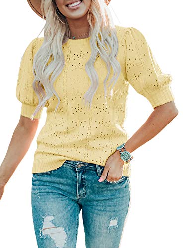 Saodimallsu Damen Sommer Tops Nette Kurzarm Laterne Ärmel Rundhalsausschnitt Dot Casual Elegant Strick Pullover Gelb Groß von Saodimallsu