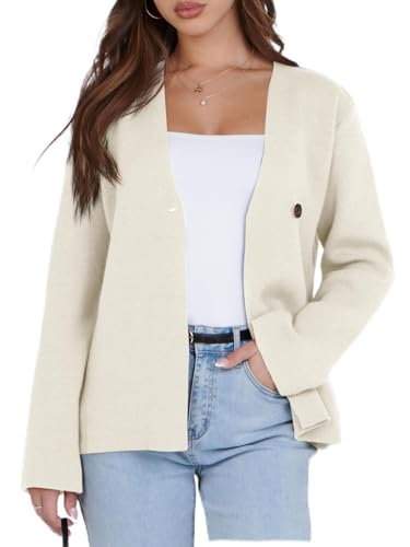 Saodimallsu Damen Strickjacke Langarm V-Ausschnitt Cardigan für Business Freizeit Gestrickt EIN Knopf Blazer,Weiß,M von Saodimallsu