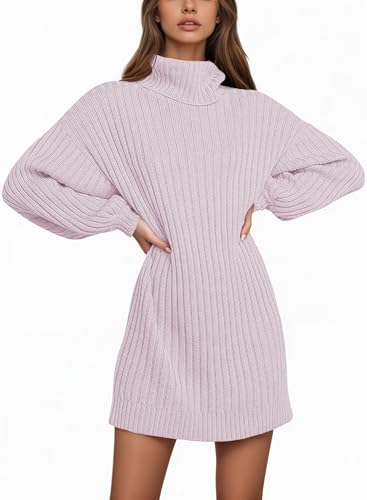 Saodimallsu Damen Strickkleid Langarm Rollkragenpullover Kleid Oversized Laternenärmeln Minikleid Casual Einfarbig Pullover Herbst Winter Hellrosa S von Saodimallsu