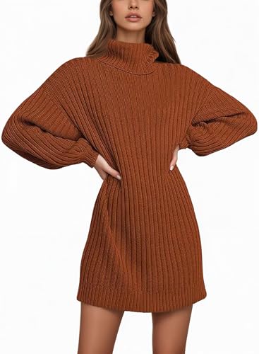 Saodimallsu Damen Strickkleid Langarm Rollkragenpullover Kleid Oversized Laternenärmeln Minikleid Casual Einfarbig Pullover Herbst Winter Karamell L von Saodimallsu