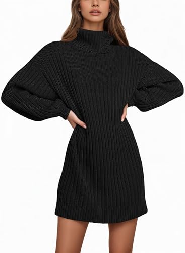 Saodimallsu Damen Strickkleid Langarm Rollkragenpullover Kleid Oversized Laternenärmeln Minikleid Casual Einfarbig Pullover Herbst Winter Schwarz M von Saodimallsu