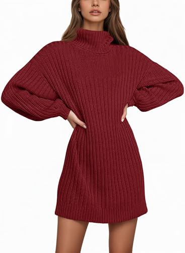 Saodimallsu Damen Strickkleid Langarm Rollkragenpullover Kleid Oversized Laternenärmeln Minikleid Casual Einfarbig Pullover Herbst Winter Weinrot XL von Saodimallsu
