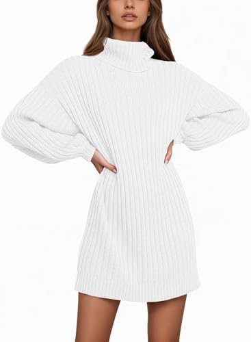 Saodimallsu Damen Strickkleid Langarm Rollkragenpullover Kleid Oversized Laternenärmeln Minikleid Casual Einfarbig Pullover Herbst Winter Weiß S von Saodimallsu