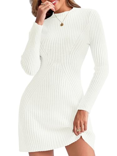 Saodimallsu Damen Strickkleid Langarm Rundhals Bodycon Pulloverkleid Gerippter A Linie Slim Fit Minikleid Elegant Feinstrick Freizeitkleid Herbstkleid Winterkleid Weiß XXL von Saodimallsu