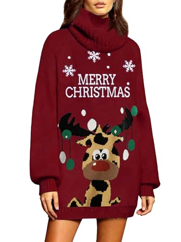 Saodimallsu Damen Strickkleid Oversized Rollkragen Pulloverkleid Langarm Einfarbig Elegant Minikleid Weihnachtskleid Laternenärmeln Weihnachten Winterkleid Rot M von Saodimallsu