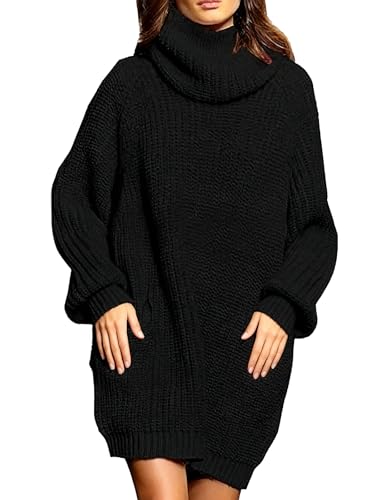 Saodimallsu Damen Strickkleid Oversized Rollkragen Pulloverkleid Langarm Einfarbig Elegant Minikleid Weihnachtskleid Laternenärmeln Weihnachten Winterkleid Schwarz XXL von Saodimallsu