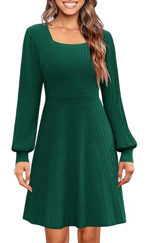 Saodimallsu Damen Strickkleid Puffärmel Quadratischer Ausschnitt Elegant Pulloverkleid Frauen A-Linie Strickpullover Minikleid Grün L von Saodimallsu