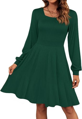 Saodimallsu Damen Strickkleid Puffärmel Quadratischer Ausschnitt Elegant Pulloverkleid Frauen A-Linie Strickpullover Minikleid Grün XL von Saodimallsu