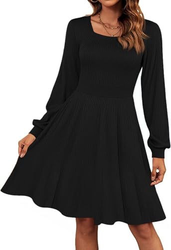 Saodimallsu Damen Strickkleid Puffärmel Quadratischer Ausschnitt Elegant Pulloverkleid Frauen A-Linie Strickpullover Minikleid Schwarz S von Saodimallsu
