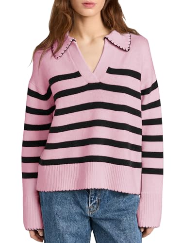 Saodimallsu Damen Strickpullover Gestreifte V-Ausschnitt Pullover Lässig Langarm Pulli Sweater, Rosa, M von Saodimallsu