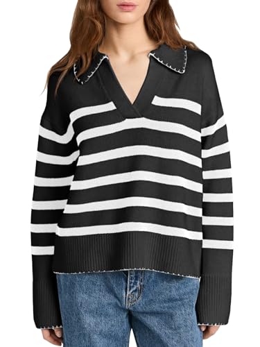 Saodimallsu Damen Strickpullover Gestreifte V-Ausschnitt Pullover Lässig Langarm Pulli Sweater, Schwarz, M von Saodimallsu