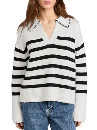 Saodimallsu Damen Strickpullover Gestreifte V-Ausschnitt Pullover Lässig Langarm Pulli Sweater, Weiß, L von Saodimallsu