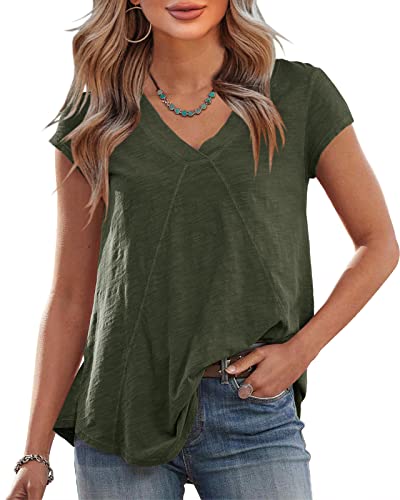 Saodimallsu Tshirt Damen 0versize Basic Sommer Kurzarm Oberteile V-Ausschnitte Kleidung Casual Lose Elegant Tops Armee grün Klein von Saodimallsu