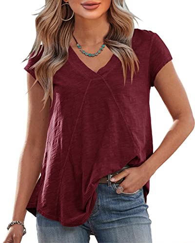 Saodimallsu Damen T-Shirt Basic Sommer Kurzarm Oberteile V-Ausschnitte Kleidung Casual Lose Elegant Tops Weinrot Klein von Saodimallsu