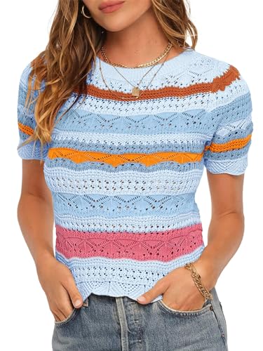 Saodimallsu Damen T-Shirt Gestreifte Kurzarmpullover mit Farbblock Damen Sommer Strickpullover Leichte Casual Oberteile, Hellblau, M von Saodimallsu