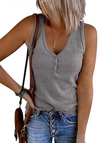 Saodimallsu Damen Tank Tops mit V-Ausschnitt Sommer Gerippte Ärmellose Henley Bluse Beiläufige Lose Geknöpfte Cami Strick T-Shirts Grau M von Saodimallsu