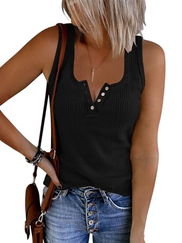 Saodimallsu Damen Tank Tops mit V-Ausschnitt Sommer Gerippte Ärmellose Henley Bluse Beiläufige Lose Geknöpfte Cami Strick T-Shirts Z1 Schwarz M von Saodimallsu