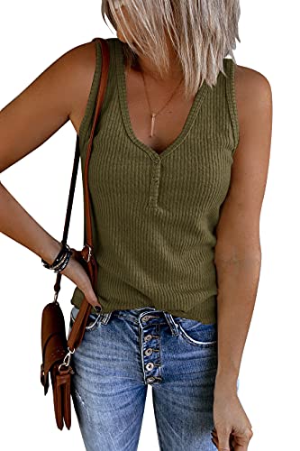 Saodimallsu Damen Tank Tops mit V-Ausschnitt Sommer Gerippte Ärmellose Henley Bluse Beiläufige Lose Geknöpfte Cami Strick T-Shirts Armeegrün L von Saodimallsu