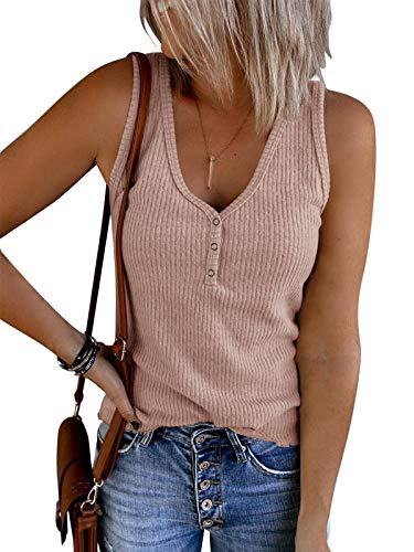 Saodimallsu Damen Tank Tops mit V-Ausschnitt Sommer Gerippte Ärmellose Henley Bluse Beiläufige Lose Geknöpfte Cami Strick T-Shirts Rosa L von Saodimallsu