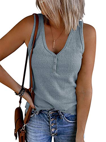 Saodimallsu Damen Tops Ärmellose V-Ausschnitt Casual Tank Tops Lockerer Knopfverschluss Henley Shirt Blau M von Saodimallsu