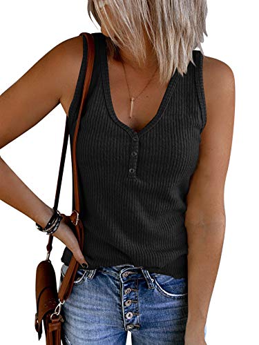 Saodimallsu Damen Tank Tops mit V-Ausschnitt Sommer Gerippte Ärmellose Henley Bluse Beiläufige Lose Geknöpfte Cami Strick T-Shirts Schwarz M von Saodimallsu