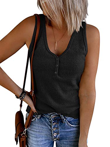 Saodimallsu Damen Tank Tops mit V-Ausschnitt Sommer Gerippte Ärmellose Henley Bluse Beiläufige Lose Geknöpfte Cami Strick T-Shirts Schwarz XL von Saodimallsu