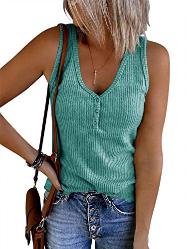 Saodimallsu Damen Tops Ärmellose V-Ausschnitt Casual Tank Tops Lockerer Knopfverschluss Henley Shirt Hellgrün L von Saodimallsu