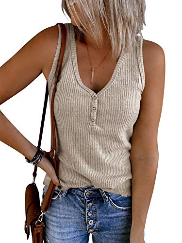 Saodimallsu Damen Tops Ärmellose V-Ausschnitt Casual Tank Tops Lockerer Knopfverschluss HenleyShirt Beige M von Saodimallsu