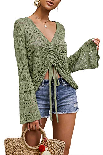 Saodimallsu Damen Tops Flowy Oversized Langarm Frühling Sommer Oberteile V-Ausschnitt Crochet Sexy Pullover Army Green von Saodimallsu