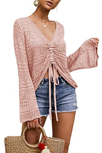 Saodimallsu Damen Tops Flowy Oversized Langarm Frühling Sommer Oberteile V-Ausschnitt Crochet Sexy Pullover Hellrosa von Saodimallsu