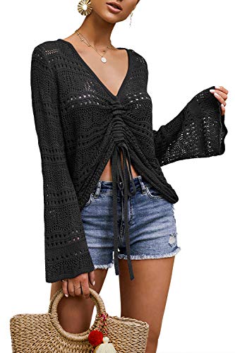 Saodimallsu Damen Tops Flowy Oversized Langarm Frühling Sommer Oberteile V-Ausschnitt Crochet Sexy Pullover Schwarz von Saodimallsu