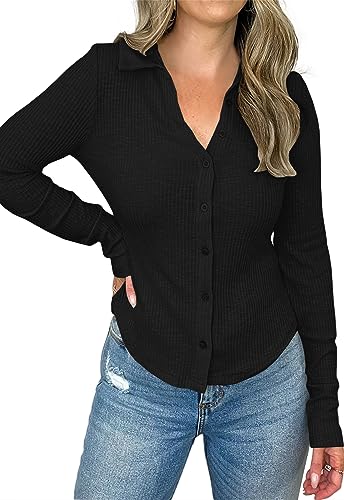 Saodimallsu Damen V-Ausschnitt Langarmshirts Rippen Strick Slim Fitted Tops Elegant Oberteile mit Knöpfen Schwarz Mittel von Saodimallsu